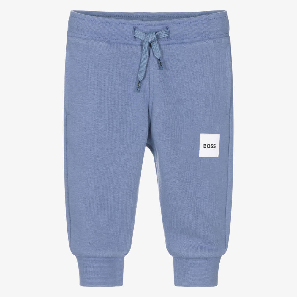 BOSS-Boys Blue Cotton Jersey Joggers with White Logo Patch | Childrensalon