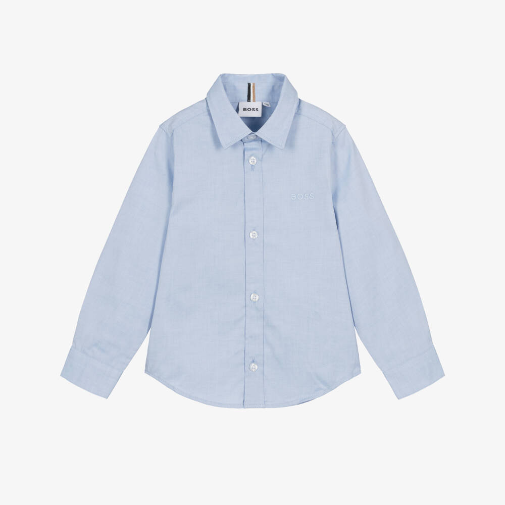 BOSS-Boys Blue Oxford Cotton Shirt with Embroidered Logo | Childrensalon