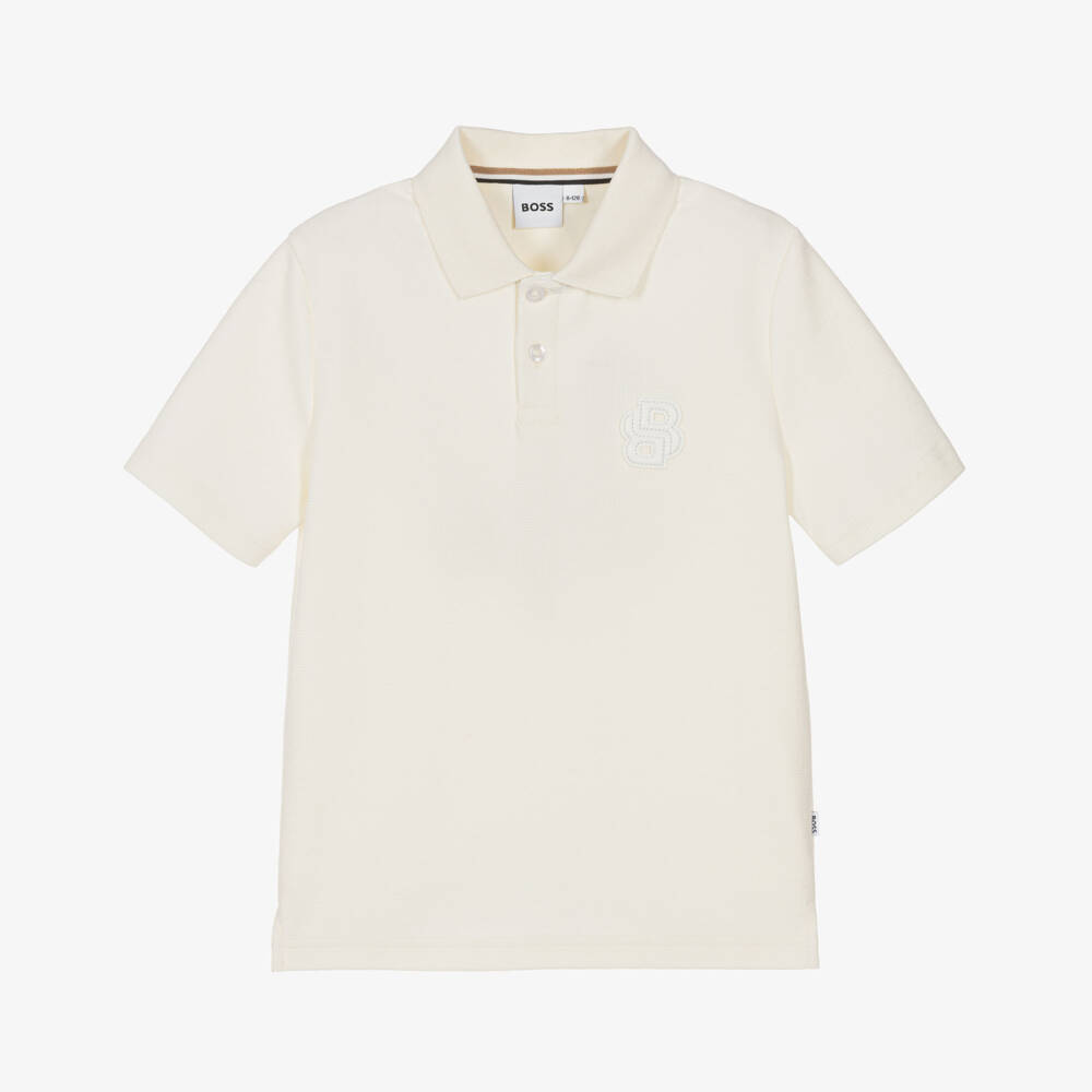 BOSS-Boys Ivory Pique Double B Logo Polo Shirt | Childrensalon