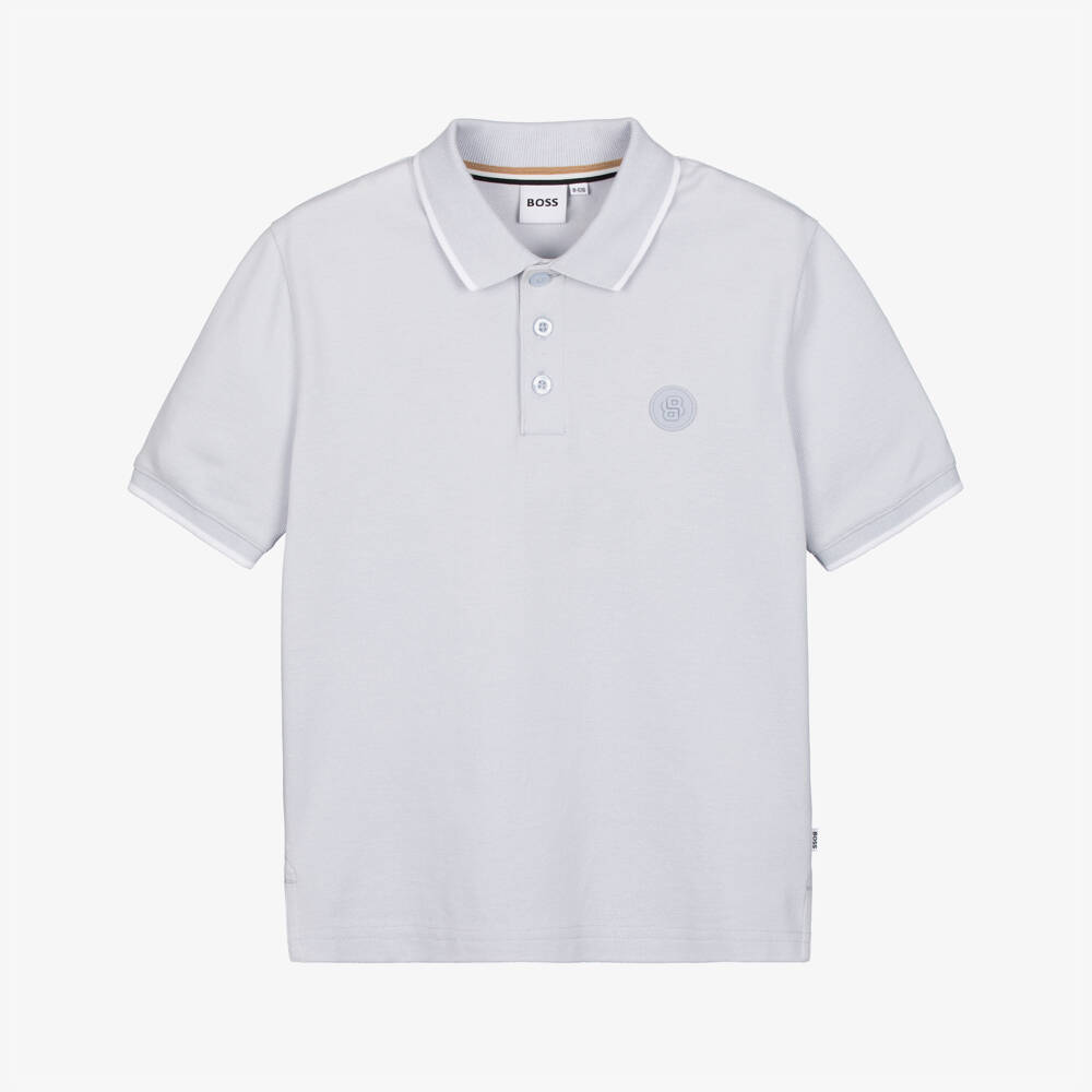 BOSS-Boys Light Blue Cotton Polo Shirt with Double B Monogram Logo | Childrensalon