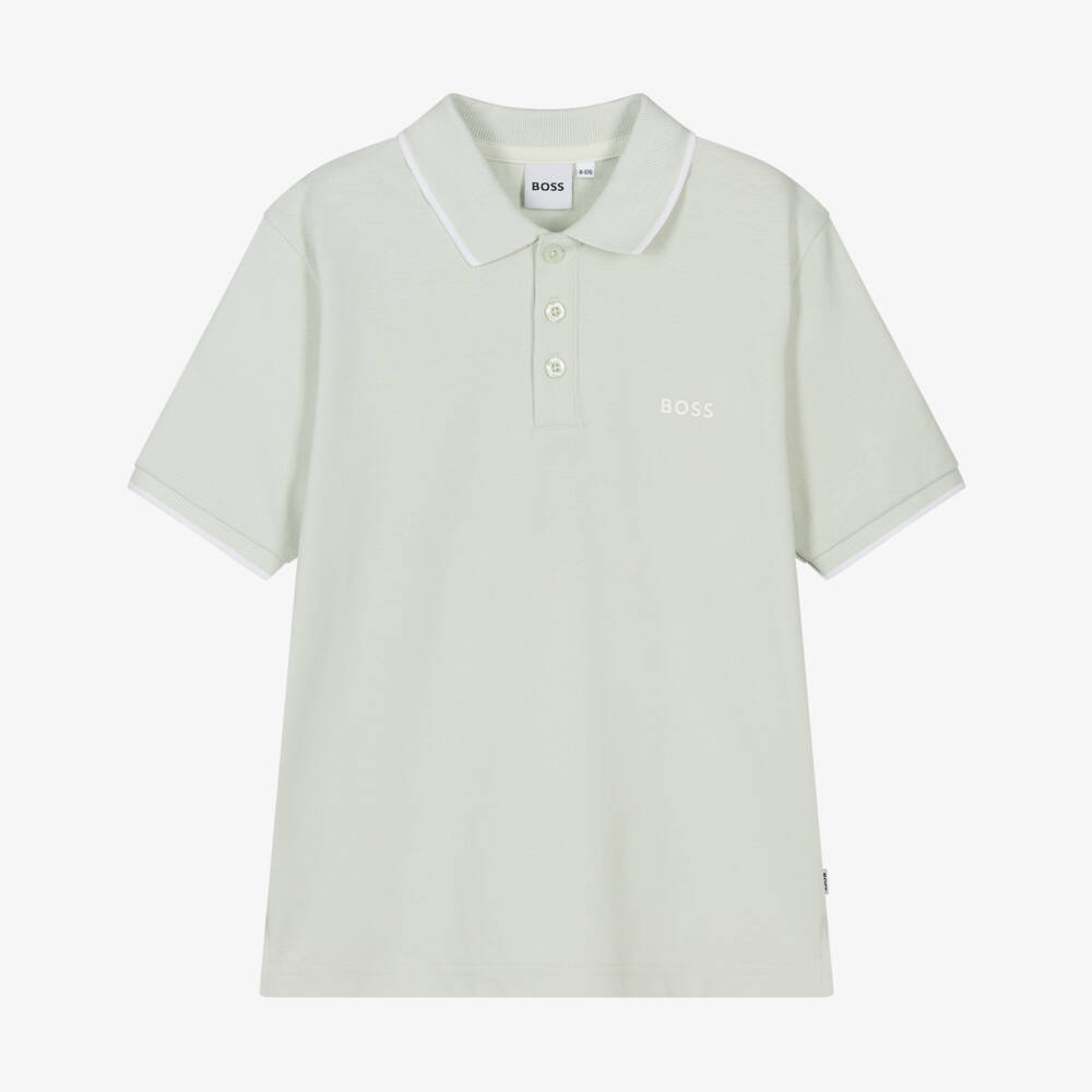 BOSS-Boys Light Mint Green Cotton Polo Shirt | Childrensalon