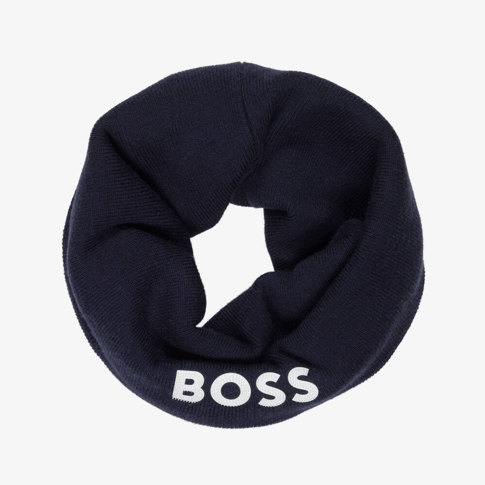BOSS-Boys Navy Blue Knitted Snood with Textured Logo | Childrensalon