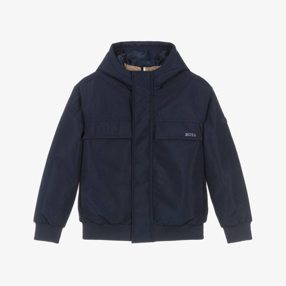 BOSS-Boys Navy Blue Water-Repellent Jacket with Hood | Childrensalon