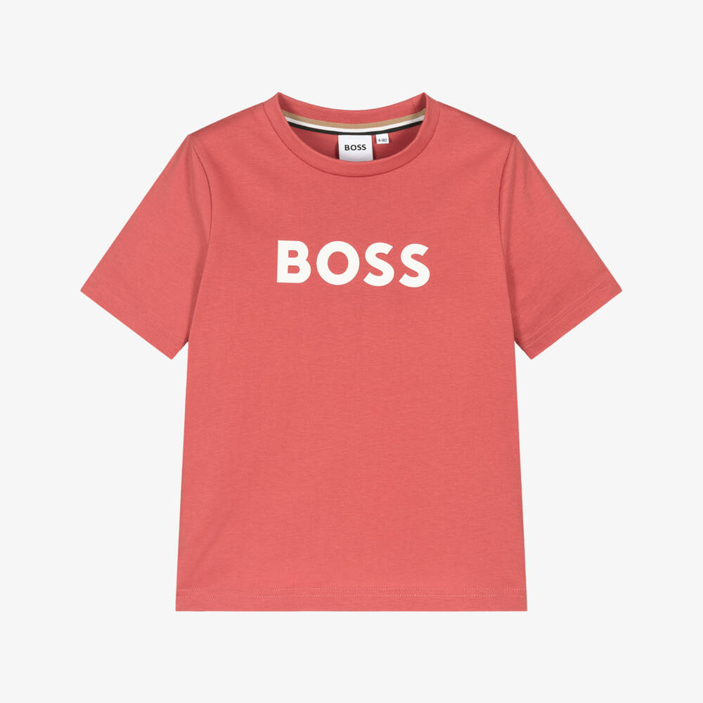 BOSS-Boys Red Cotton Crew Neck T-Shirt with Logo Print | Childrensalon