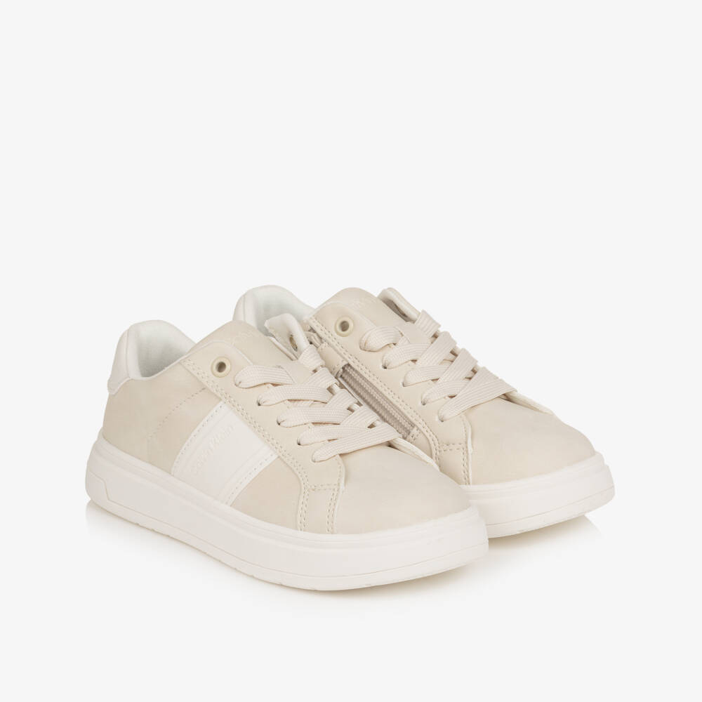 Calvin Klein-Boys Beige Faux Suede Leather Zip Up Trainers | Childrensalon