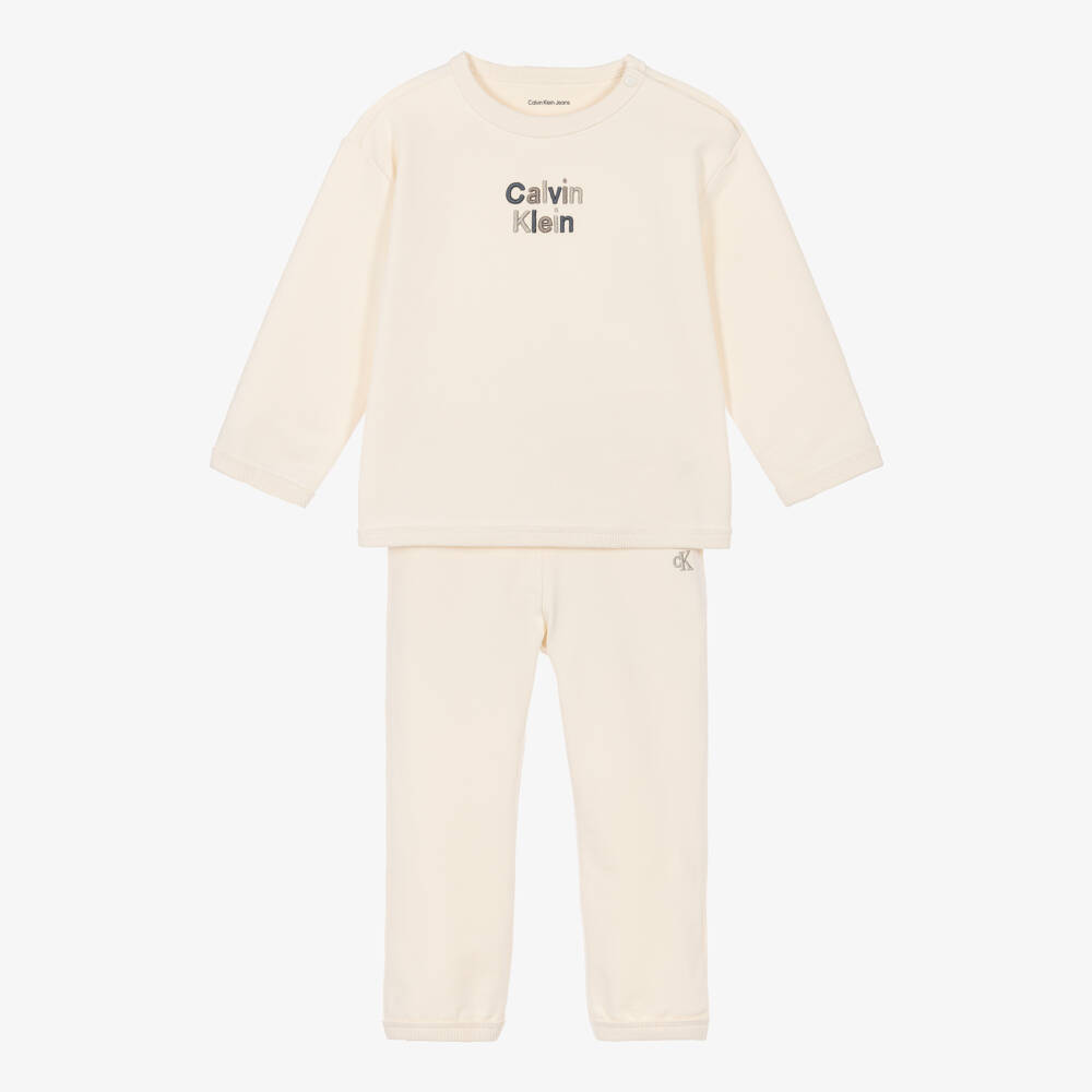 Calvin Klein-Cream Organic Cotton Tracksuit with Embroidered Logo | Childrensalon