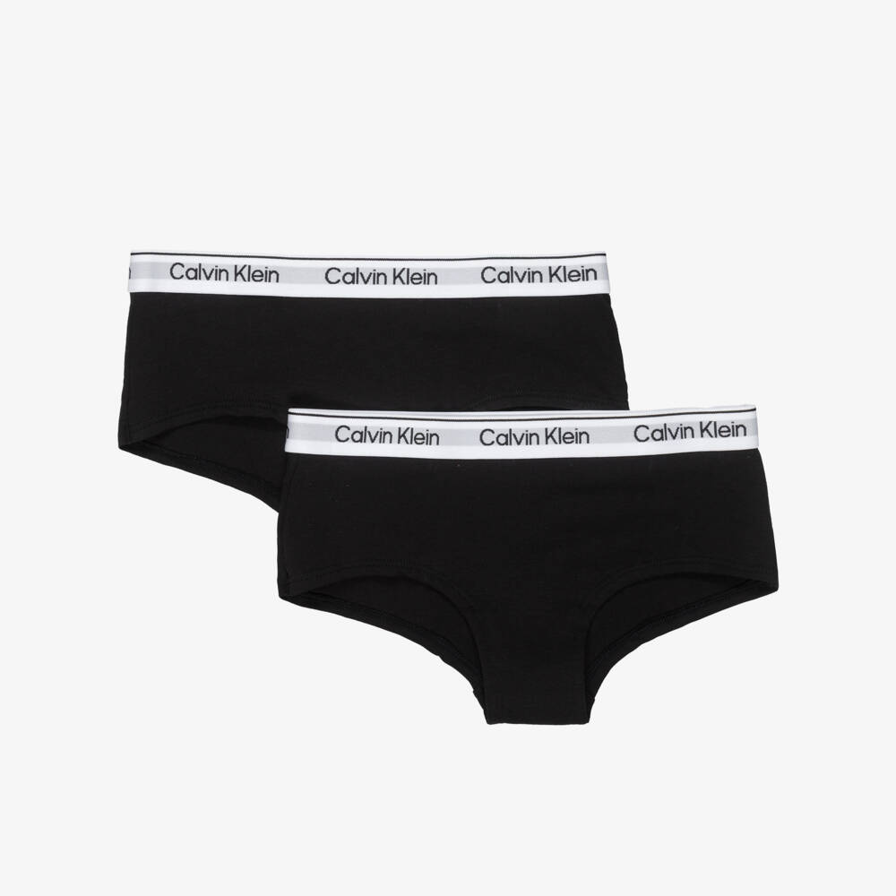 Calvin Klein-Girls Black Cotton Knickers with White Waistband (2 Pack) | Childrensalon