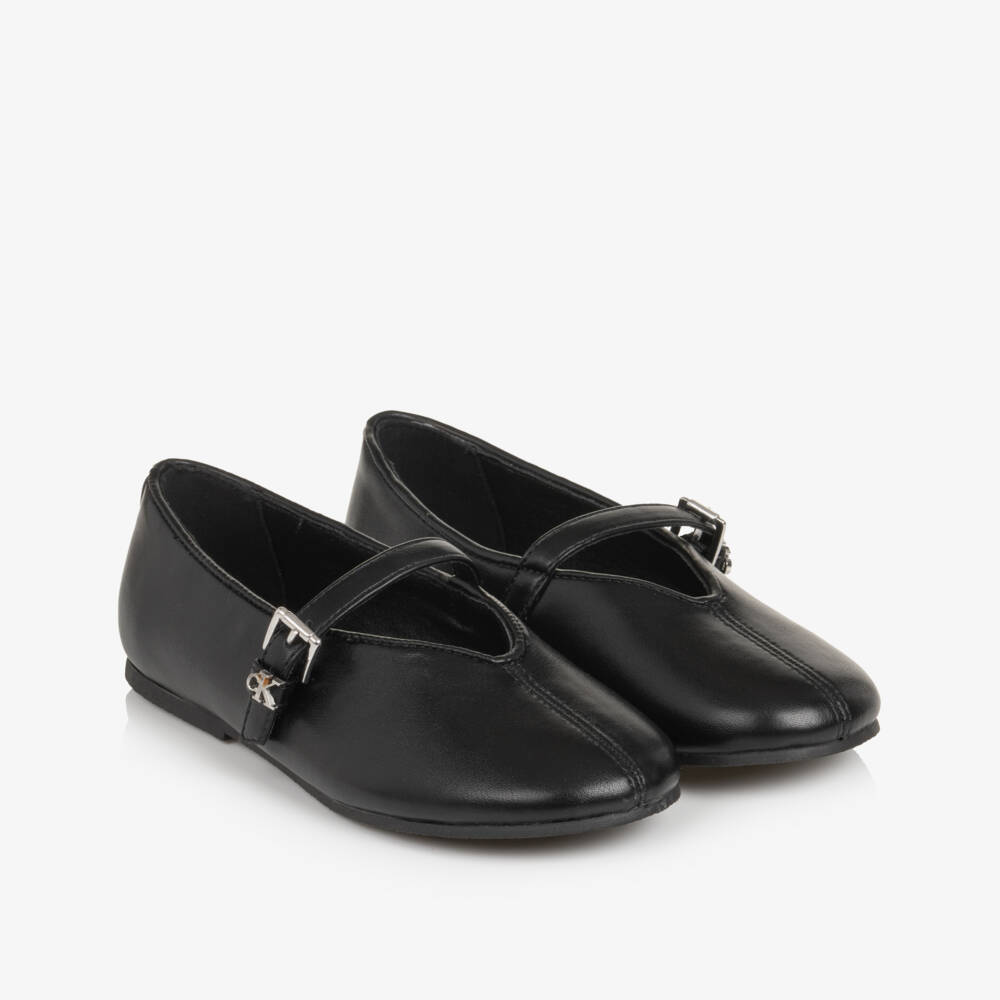 Calvin Klein-Girls Black Faux Leather Ballerina Flats | Childrensalon