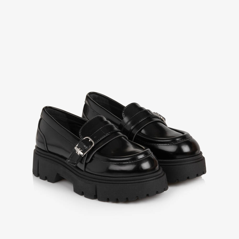 Calvin Klein-Girls Glossy Black Chunky Loafers | Childrensalon