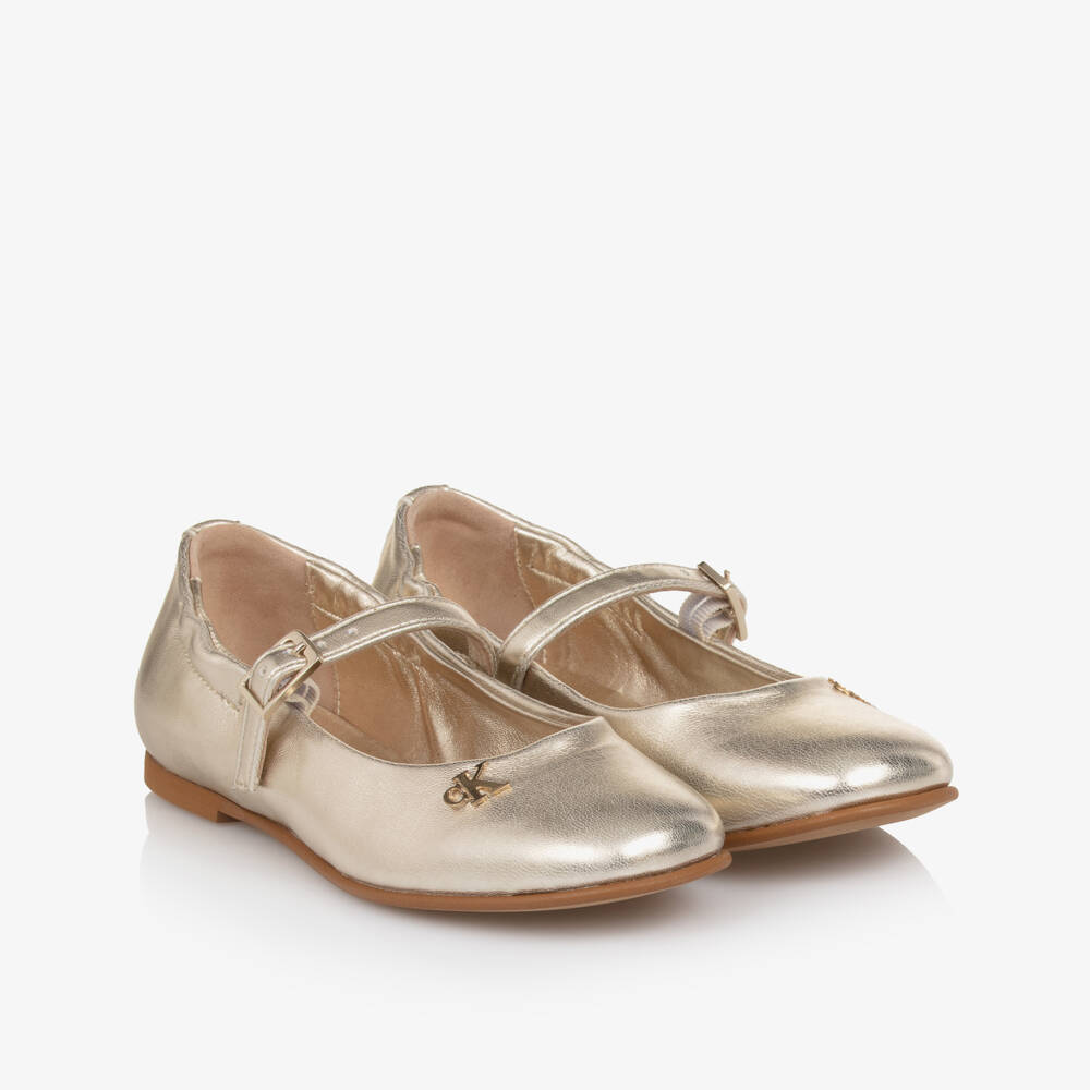 Calvin Klein-Girls Metallic Gold Faux Leather Shoes | Childrensalon