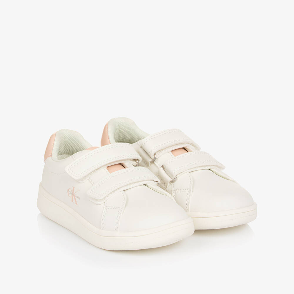 Calvin Klein-Girls White & Pink Faux Leather Trainers | Childrensalon