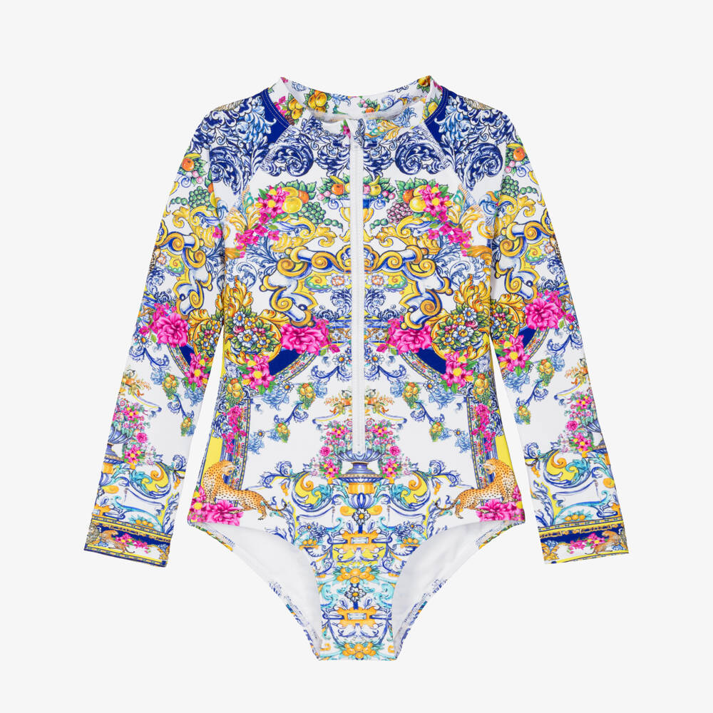 CAMILLA-Girls Long Sleeve Baroque Print Swimsuit with Diamantés | Childrensalon