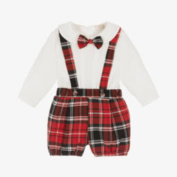 Caramelo Kids-Baby Boys Ivory & Red Tartan Shorts Set | Childrensalon