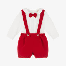 Caramelo Kids-Baby Boys Ivory & Red Velvet Shorts Set | Childrensalon