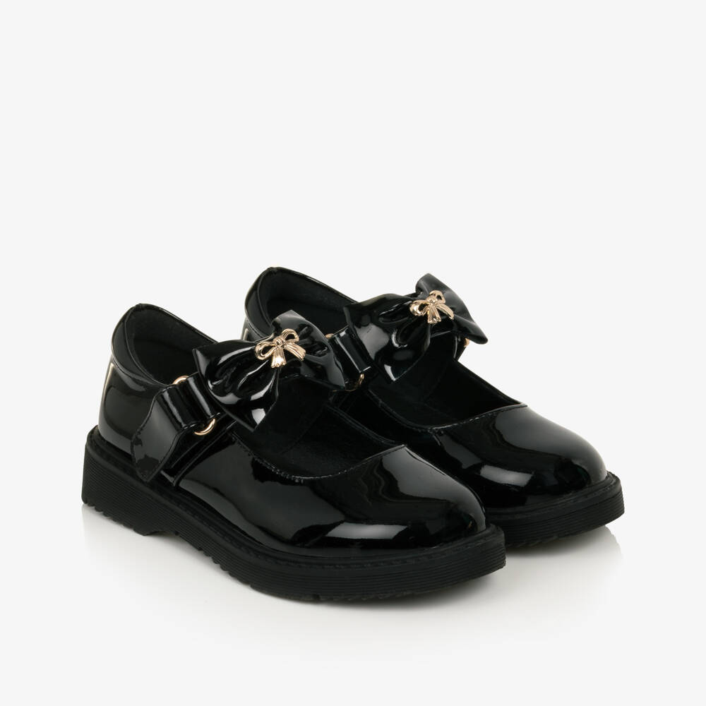 Caramelo Kids-Girls Black School Shoes with Bow Straps | Childrensalon
