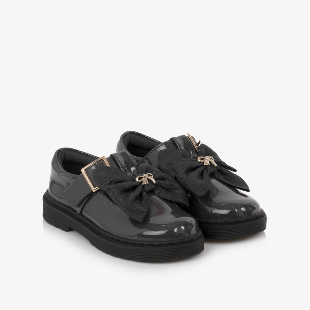 Caramelo Kids-Girls Grey Patent T-Bar School Shoes | Childrensalon