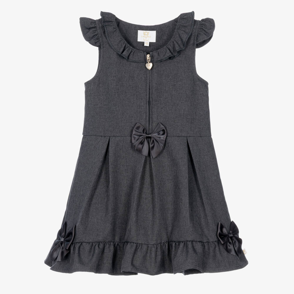 Caramelo Kids-Girls Grey School Pinafore Dress with Bows  | Childrensalon