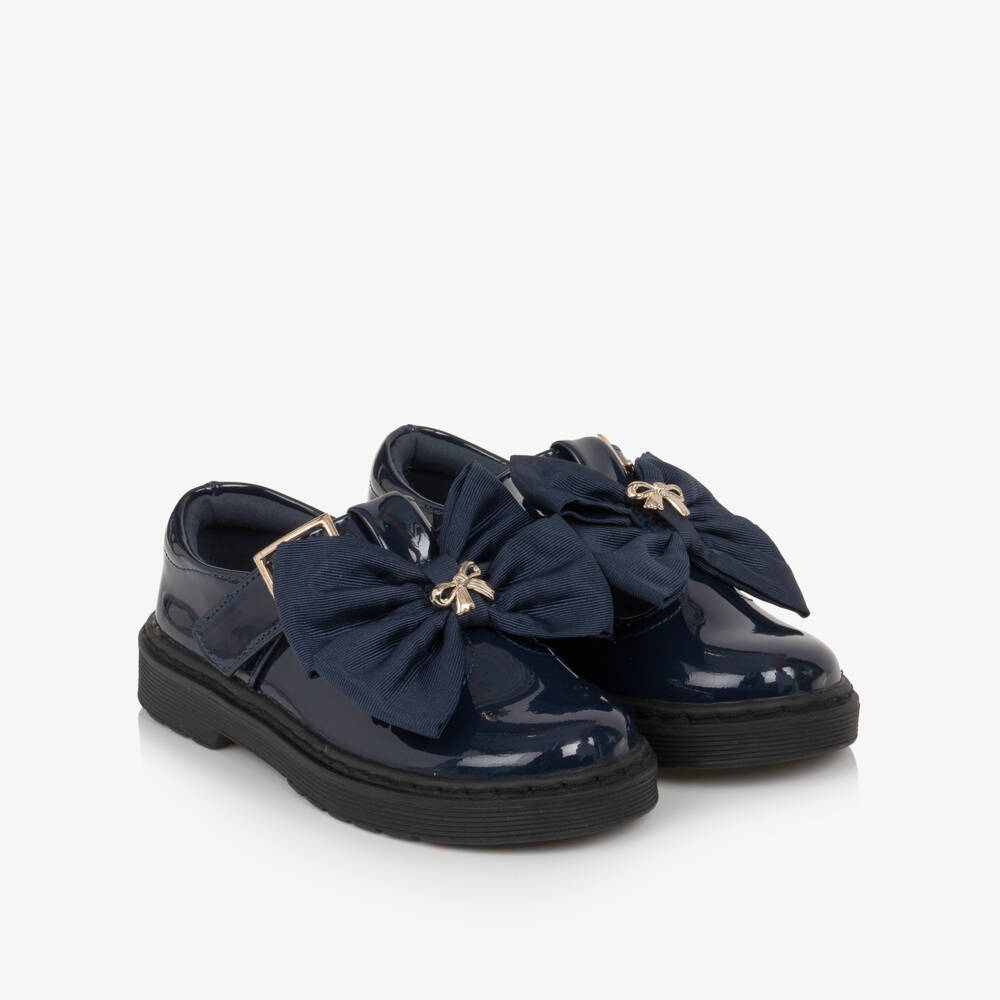 Caramelo Kids-Girls Navy Blue Patent T-Bar School Shoes | Childrensalon