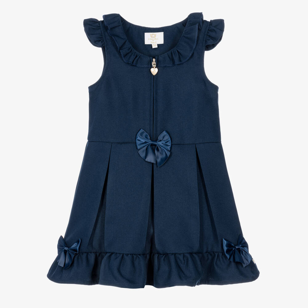 Caramelo Kids-Girls Navy Blue School Pinafore Dress with Bows  | Childrensalon