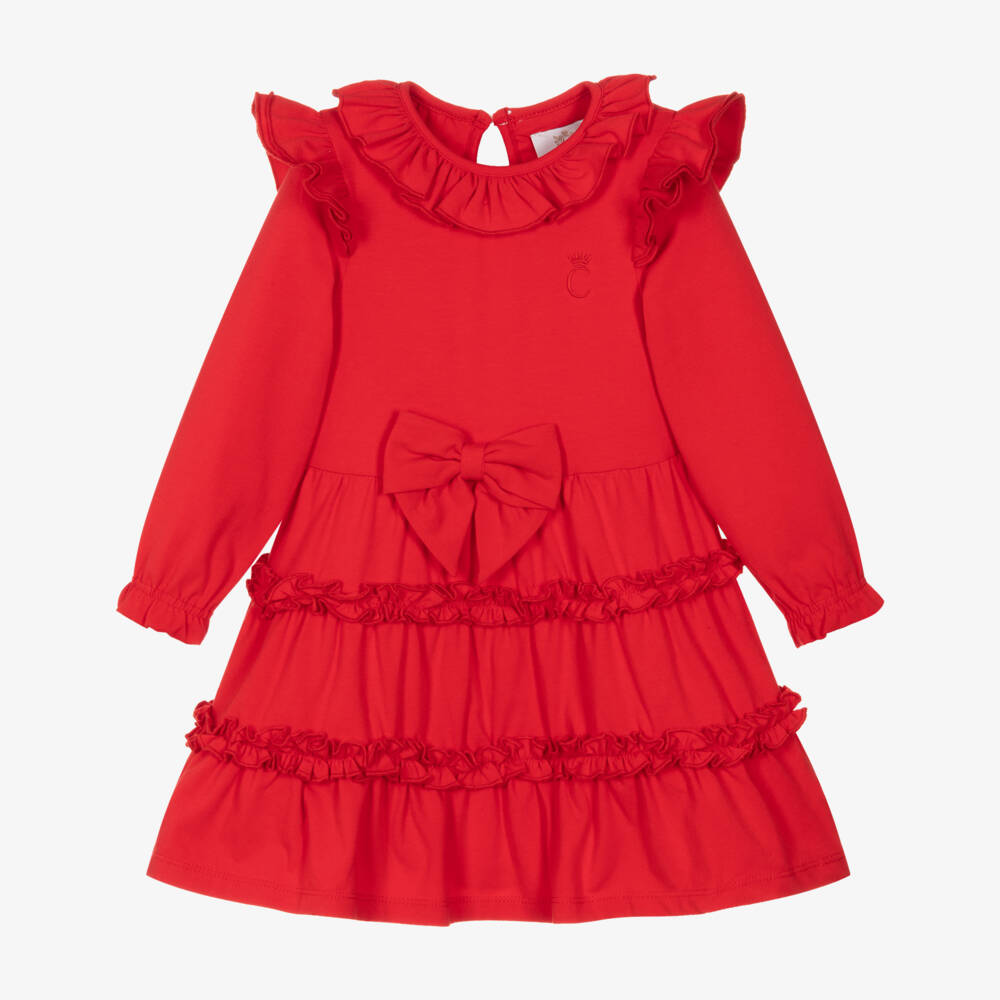 Caramelo Kids-Girls Red Cotton Jersey Dress with Ruffles & Bow | Childrensalon