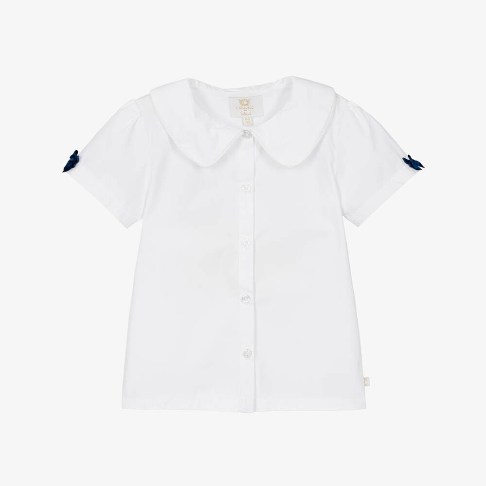Caramelo Kids-Girls White School Blouse with Navy Blue Bows | Childrensalon