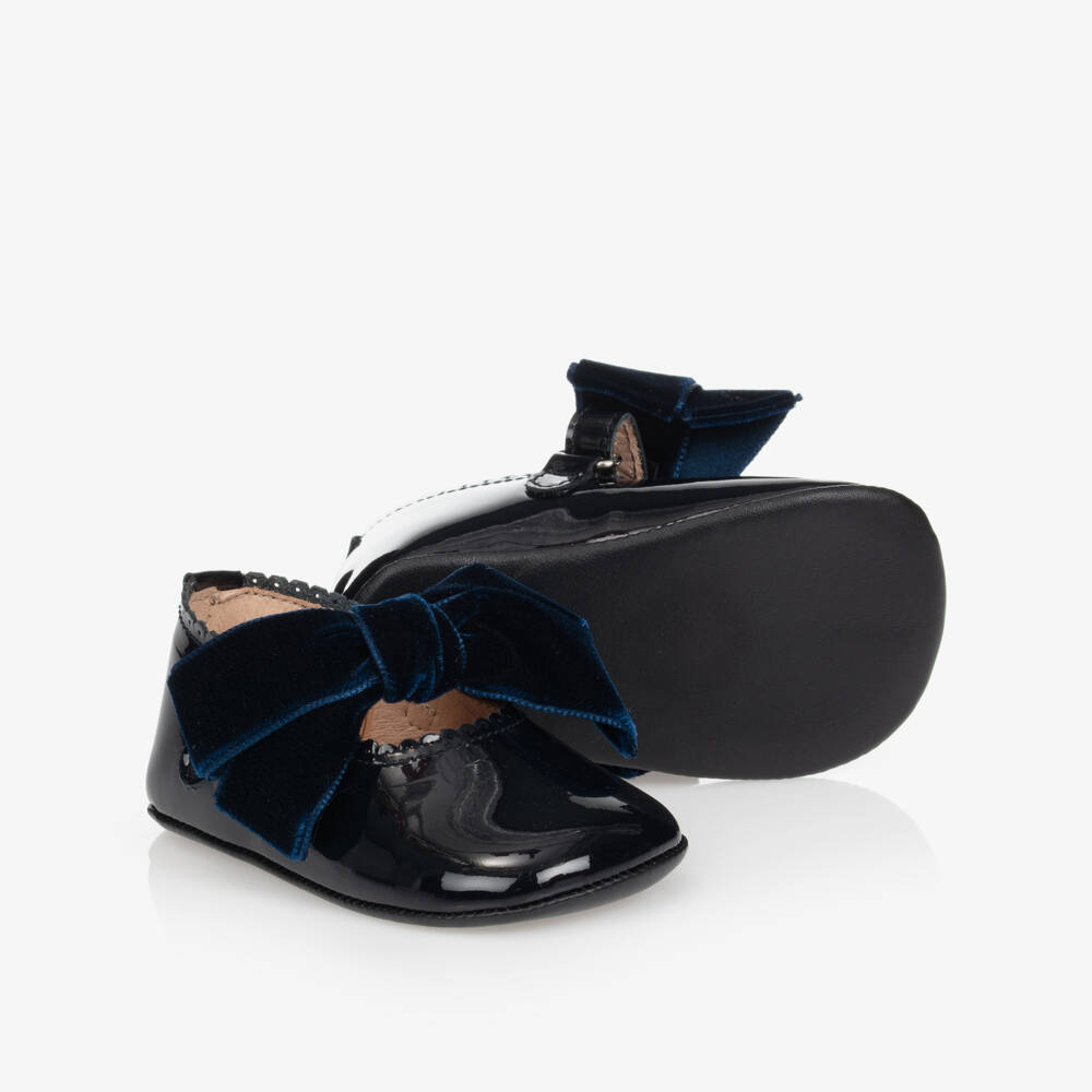 Children's Classics-Blue Leather & Velvet Bow Pre-Walker Shoes | Childrensalon