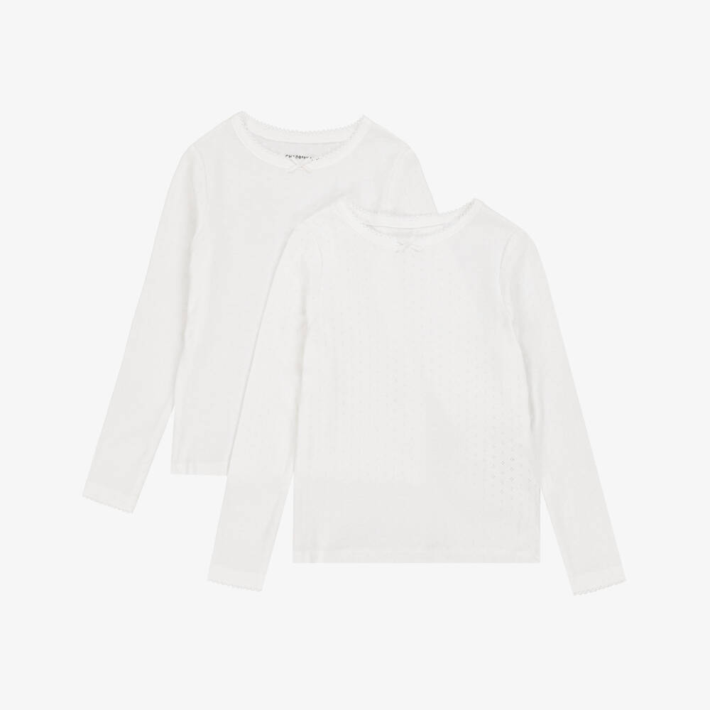 Childrensalon Essentials-Girls Long Sleeve Organic Cotton Pointelle Vests (2 Pack) | Childrensalon