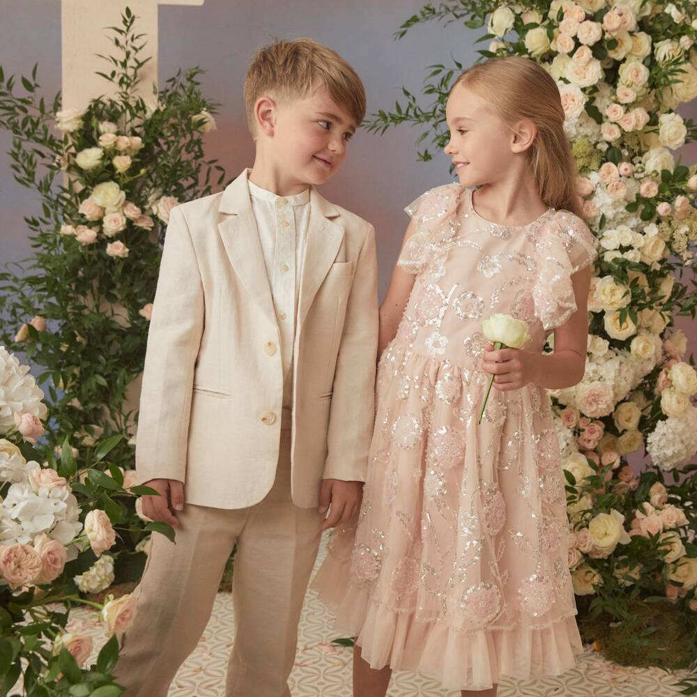 Childrensalon Occasions- Boys Beige Linen Trouser Suit & Tie | Childrensalon