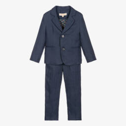 Childrensalon Occasions- Boys Navy Blue Linen Trouser Suit & Tie | Childrensalon