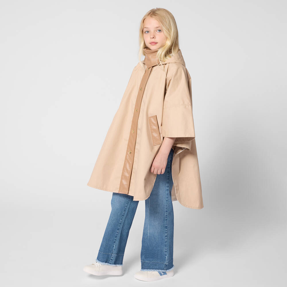 Chloé-Girls Beige Cape with Faux Leather Trims | Childrensalon