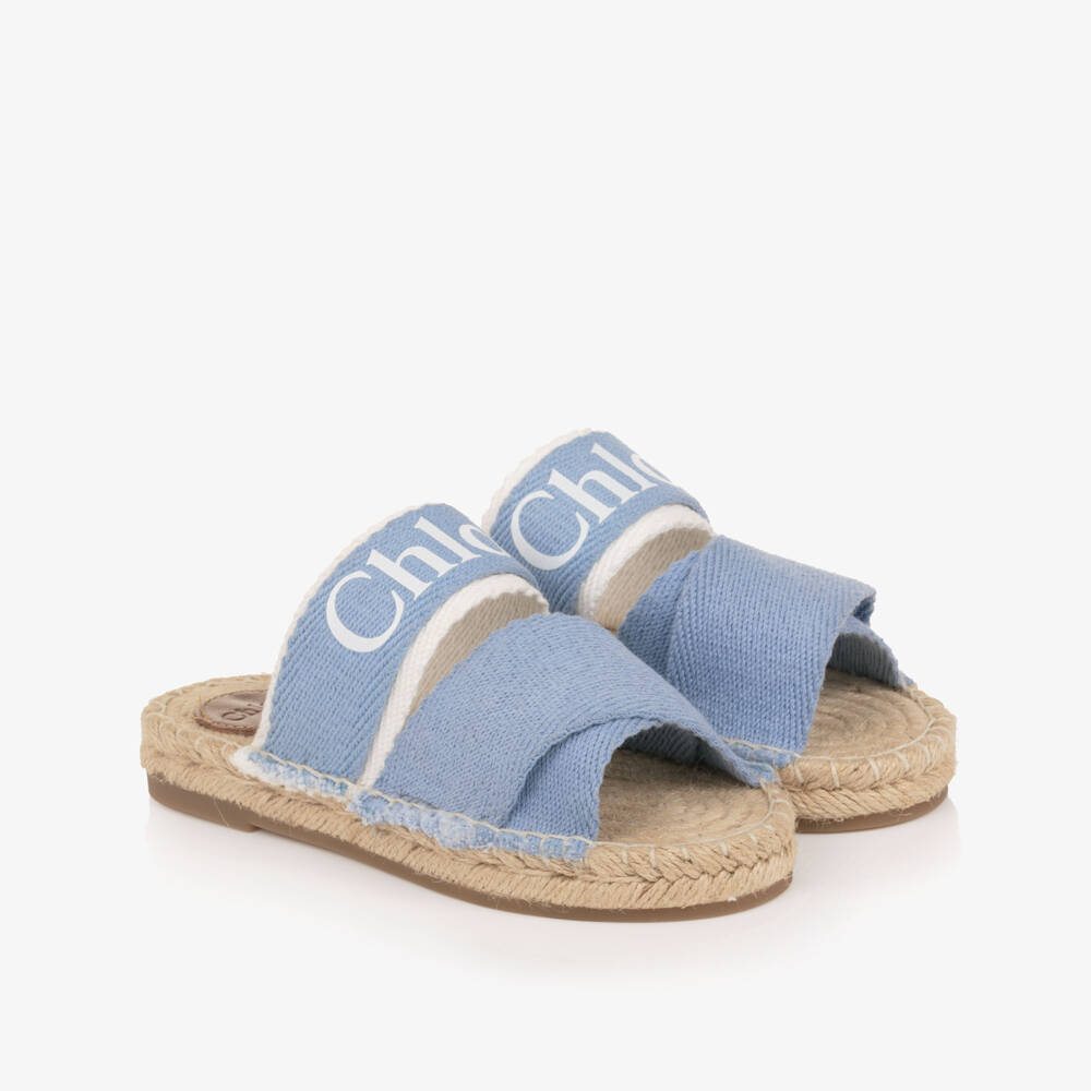 Chloé-Girls Blue Canvas Sliders with Logo Print | Childrensalon