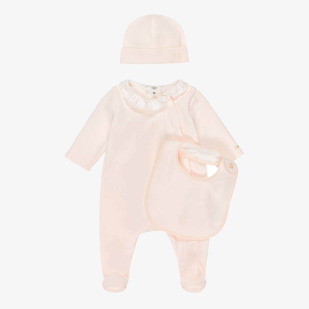 Chloé-Girls Peach Pink Cotton Babysuit Gift Set | Childrensalon
