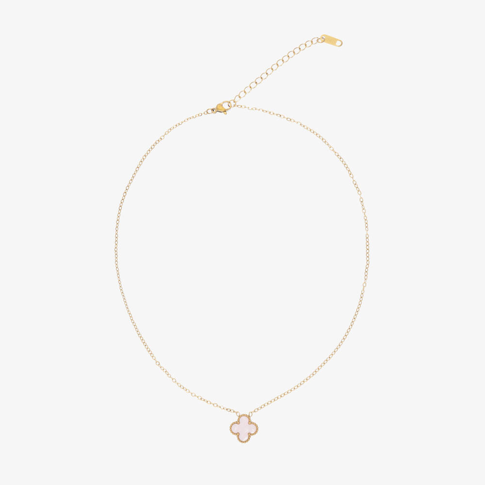 David Charles-Girls Gold Tone & Pink Clover Necklace (46cm) | Childrensalon