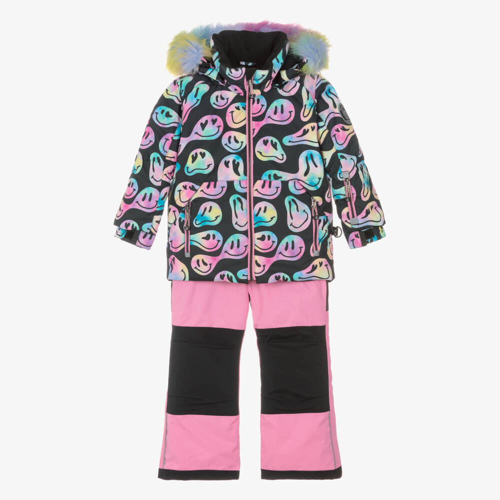Deux par Deux-Girls Black & Pink Smiling Faces Snowsuit | Childrensalon