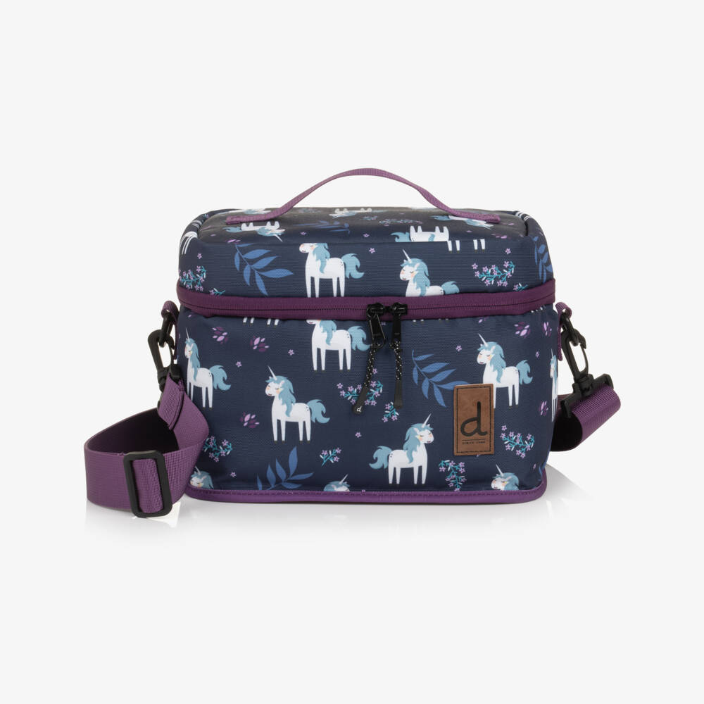 Deux par Deux-Girls Navy Unicorn & Floral Print Lunch Bag (25cm) | Childrensalon