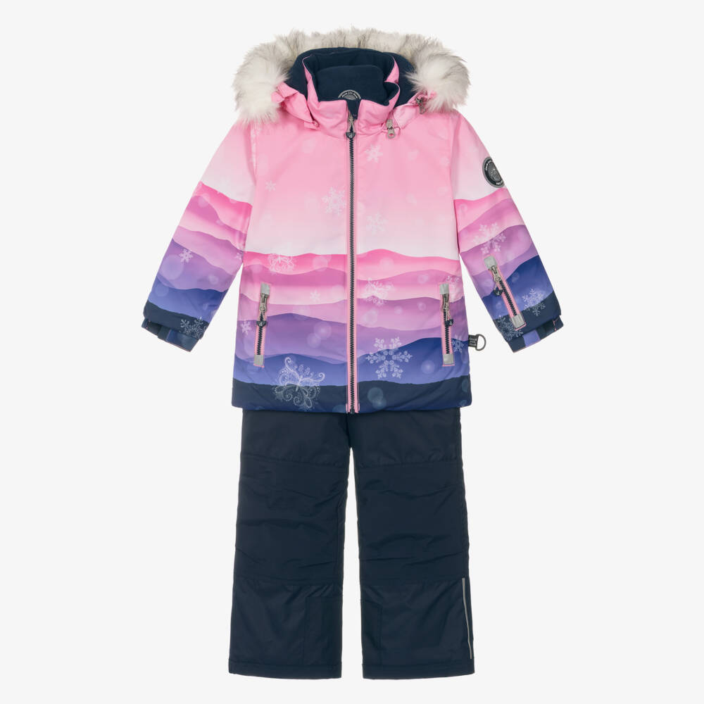 Deux par Deux-Girls Pink Mountain Scene & Navy Blue Snowsuit | Childrensalon
