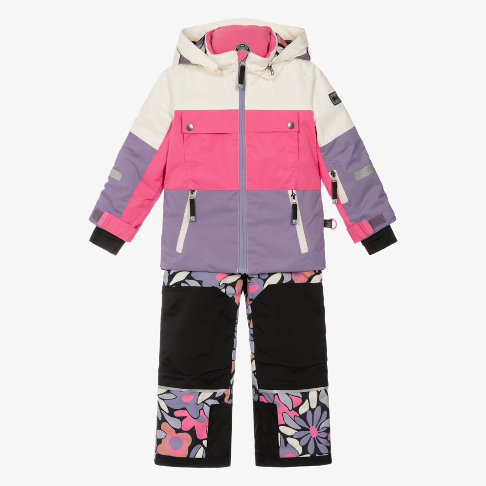 Deux par Deux-Girls Pink & Purple Colour Block & Floral Snowsuit | Childrensalon