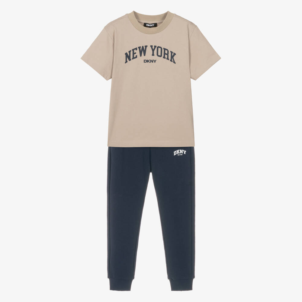 DKNY-Boys Beige T-Shirt & Blue Joggers Set | Childrensalon