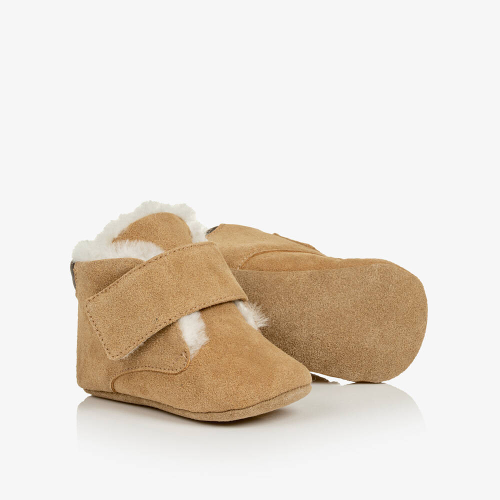 Dolce & Gabbana-Beige Suede Leather Pre-Walkers with Shearling Lining | Childrensalon