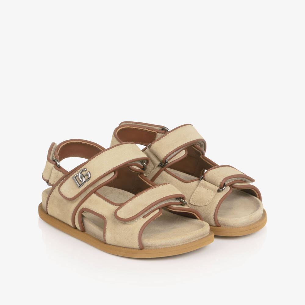 Dolce & Gabbana-Boys Beige Suede Leather DG Velcro Sandals | Childrensalon