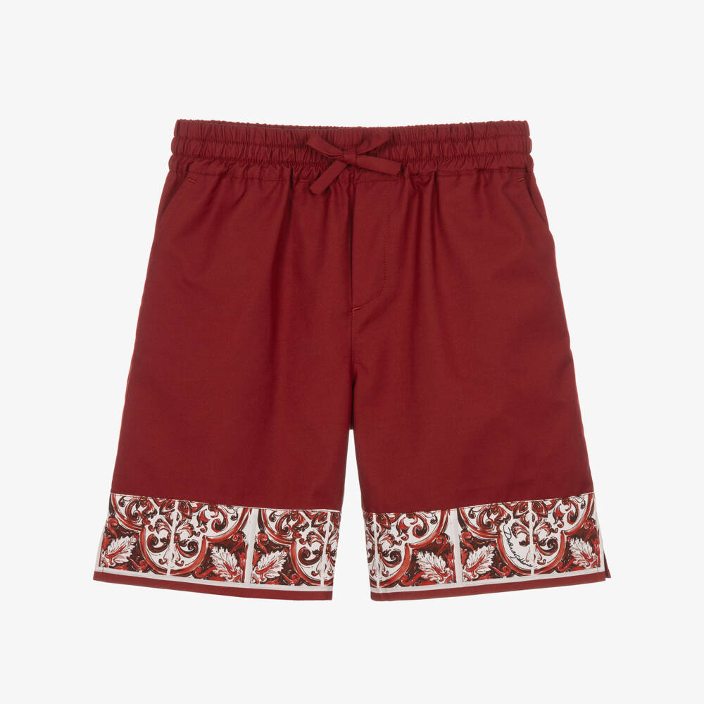 Dolce & Gabbana-Boys Dark Red Majolica Print Poplin Shorts | Childrensalon