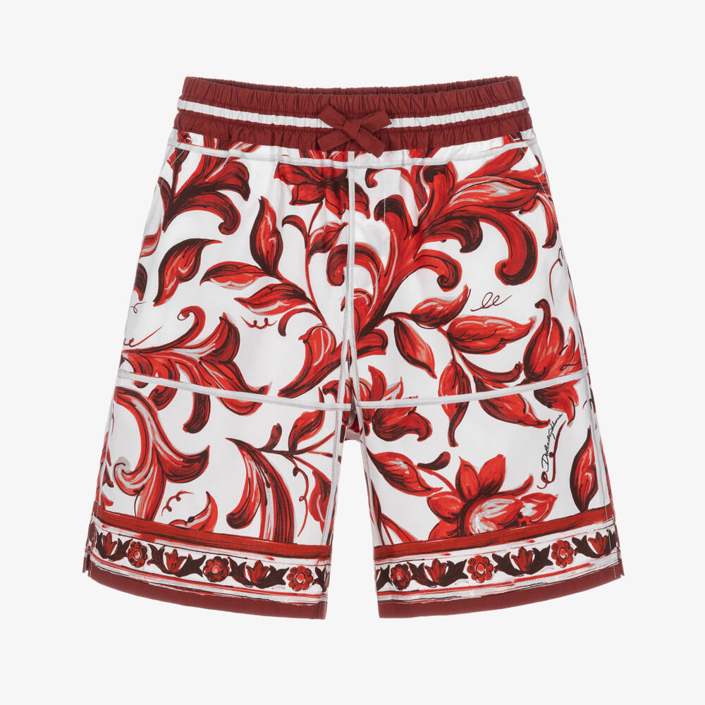 Dolce & Gabbana-Boys Dark Red & White Majolica Print Shorts | Childrensalon