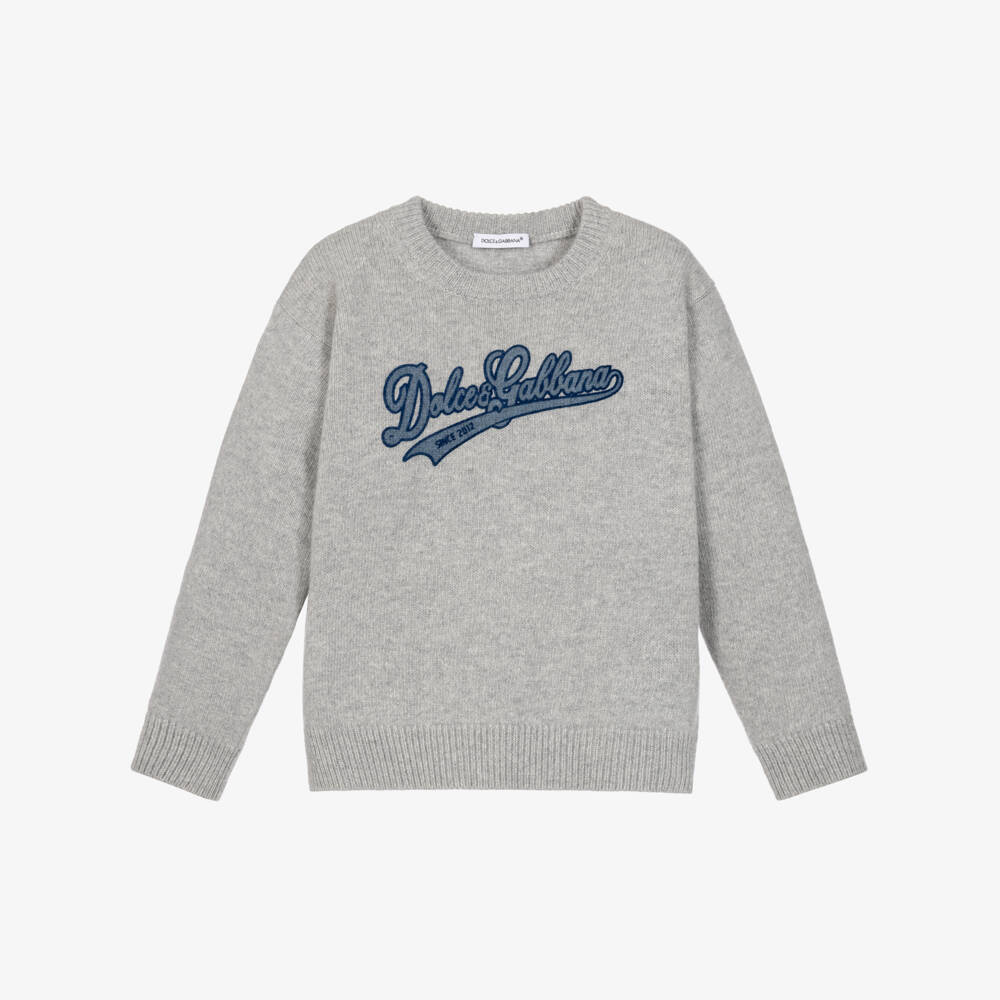Dolce & Gabbana-Boys Grey Virgin Wool Sweater with Varsity-Style Logo  | Childrensalon
