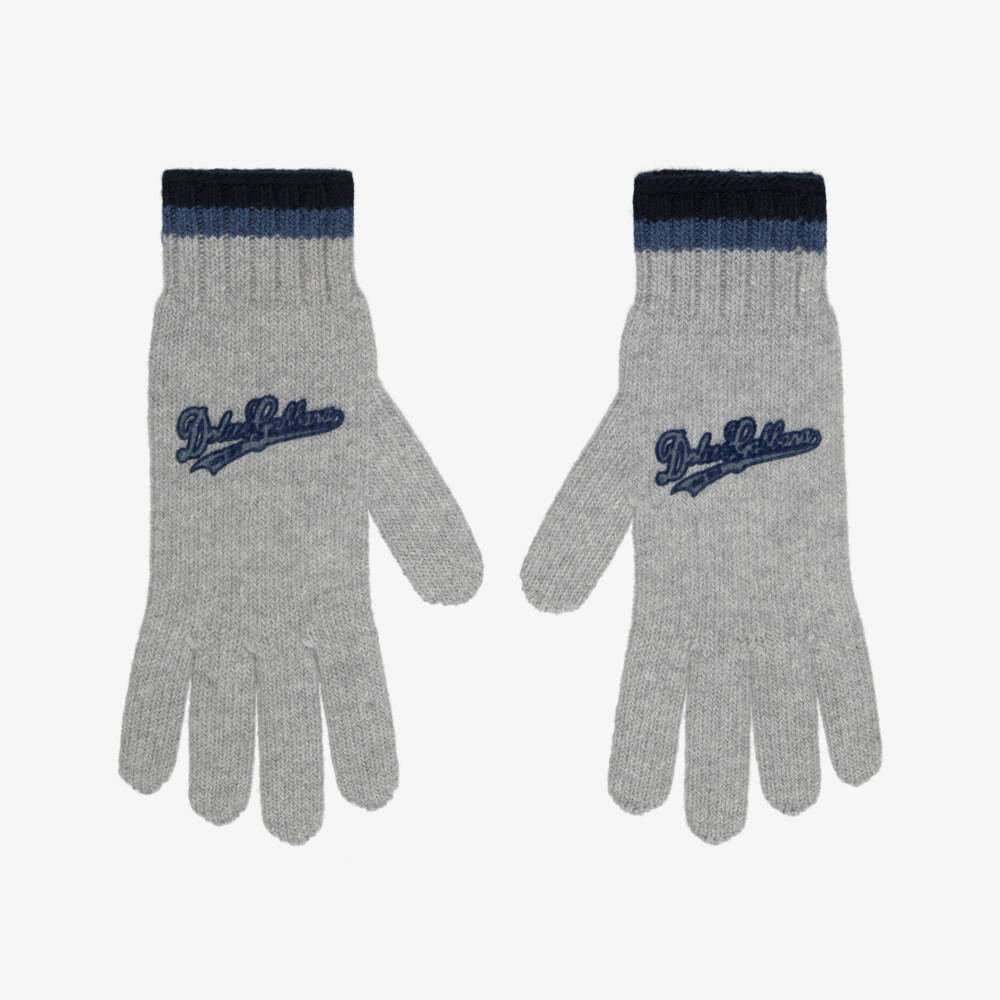 Dolce & Gabbana-Boys Grey Wool Knit Gloves with Varsity-Style Logo | Childrensalon