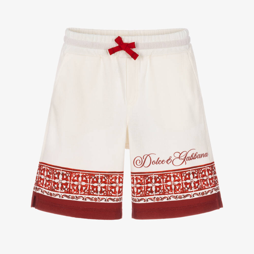 Dolce & Gabbana-Boys Ivory Piqué Shorts with Red Majolica Print | Childrensalon