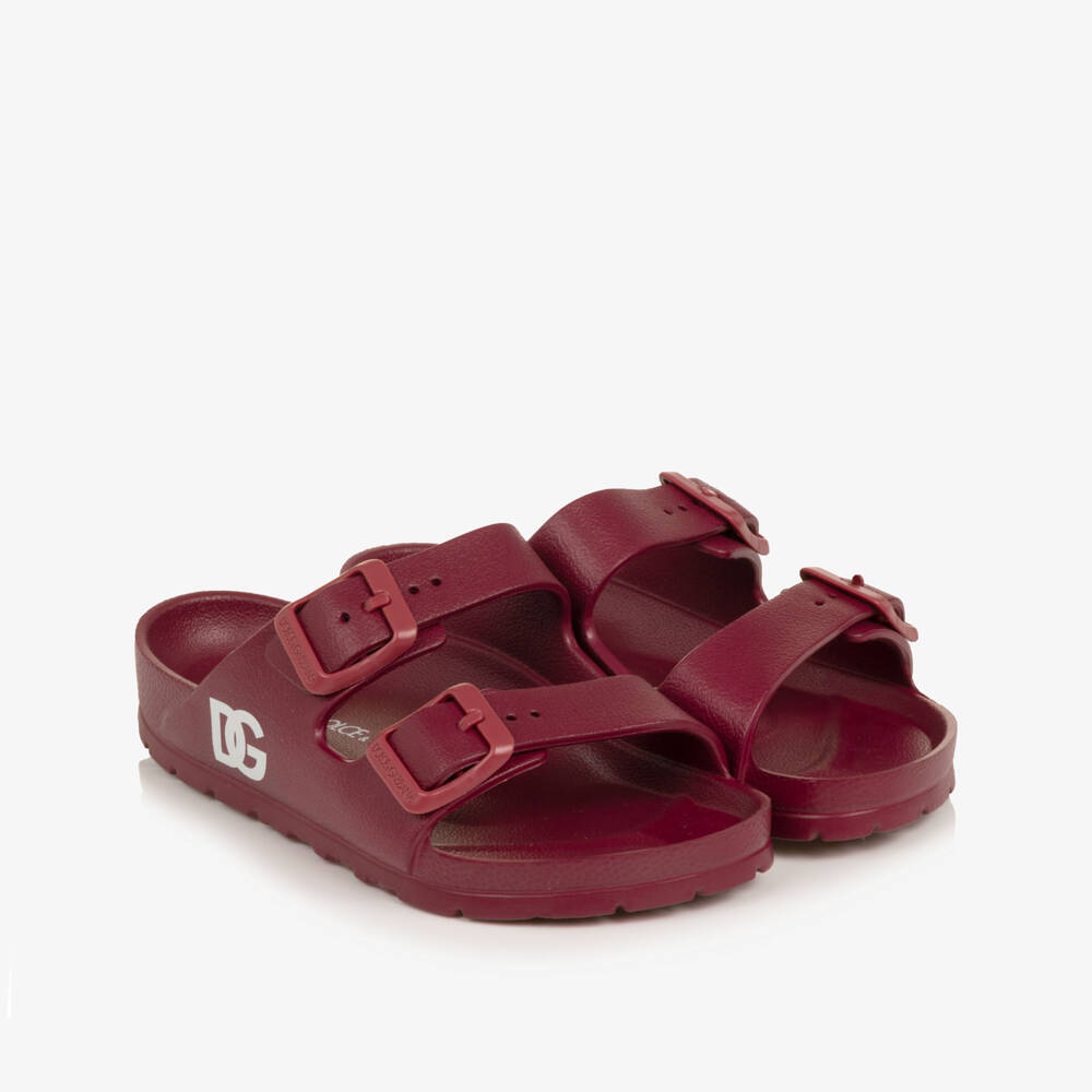 Dolce & Gabbana-Burgundy Red Double Strap Sliders with DG Logo | Childrensalon
