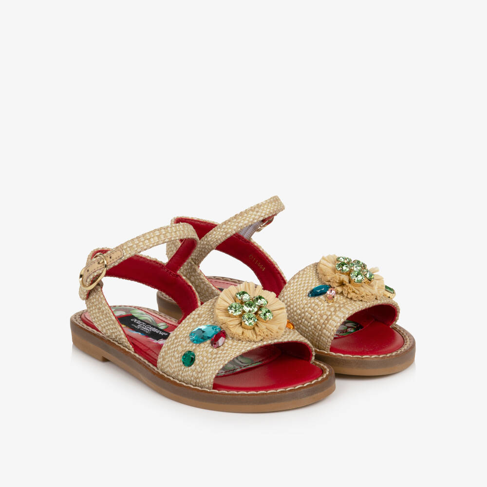 Dolce & Gabbana-Girls Beige Raffia Carretto Sandals | Childrensalon