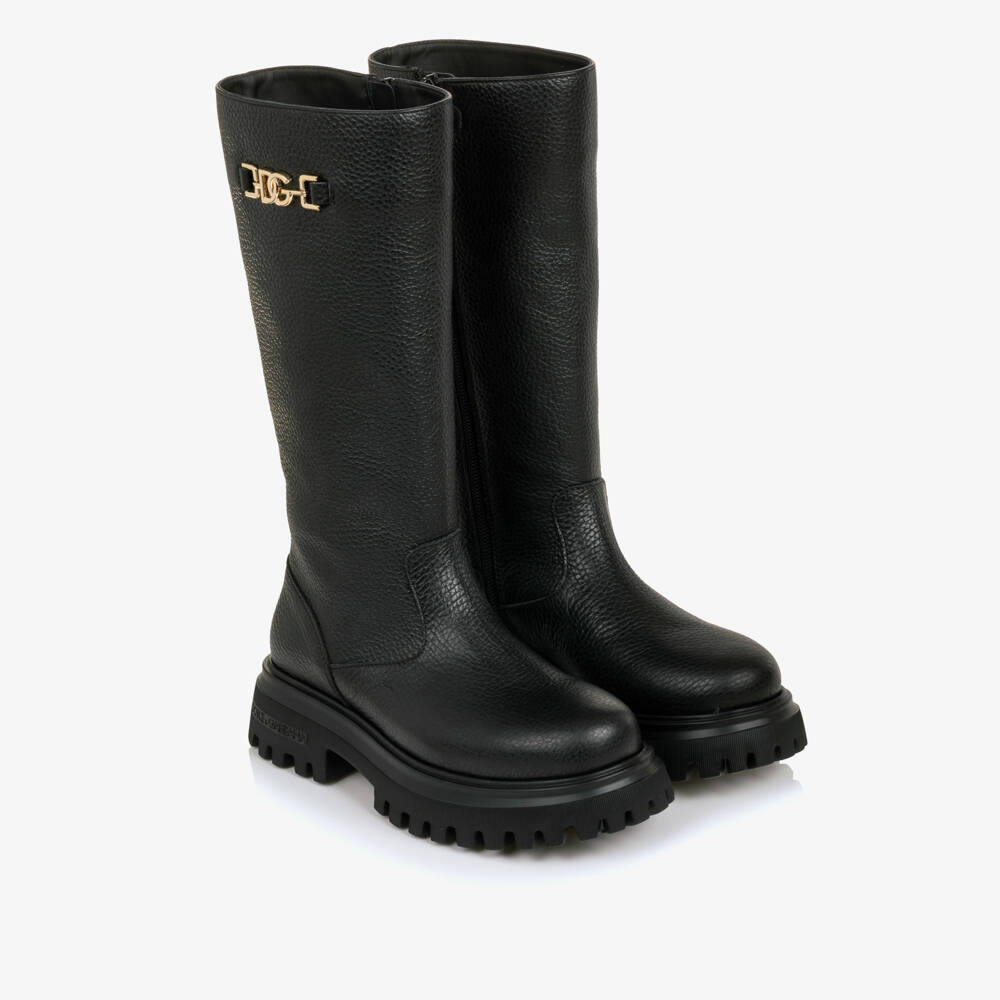 Dolce & Gabbana-Girls Black Leather Boots with Gold Tone DG Logo | Childrensalon