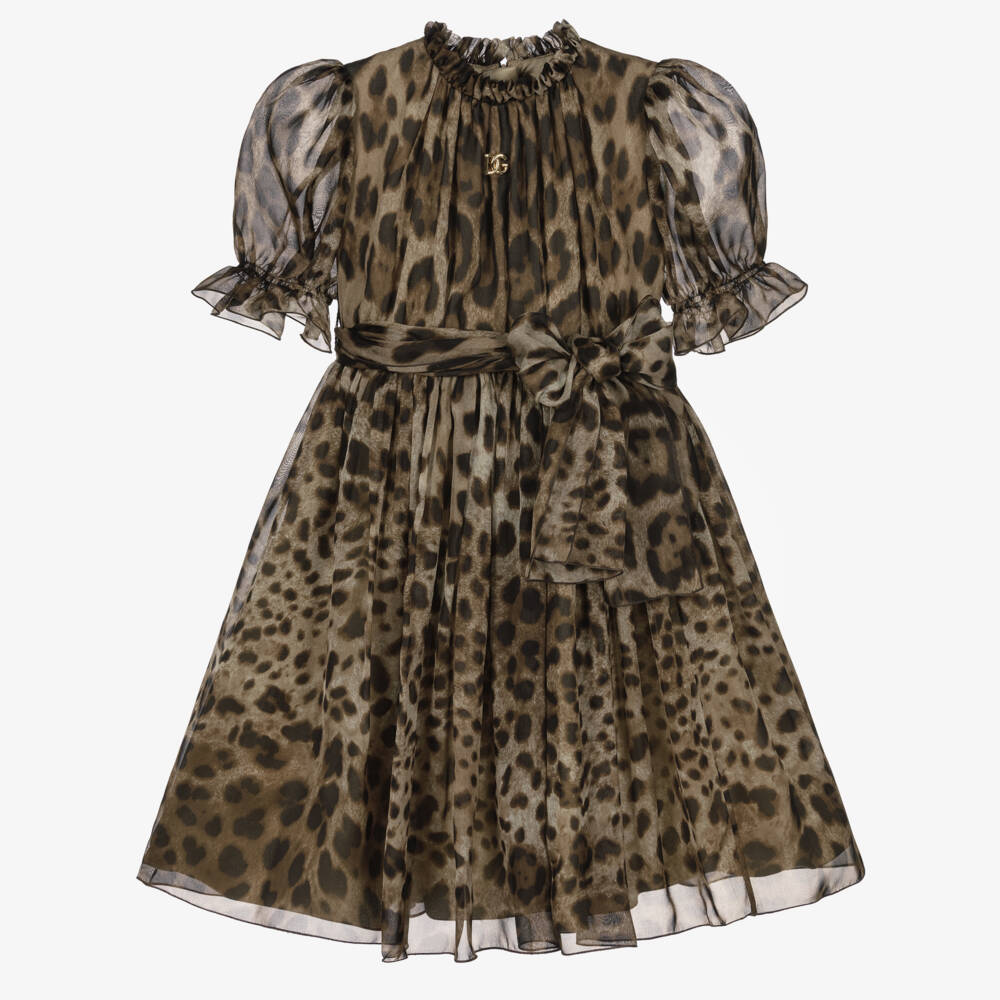 Dolce & Gabbana-Girls Brown Leopard Print Silk Chiffon Dress | Childrensalon