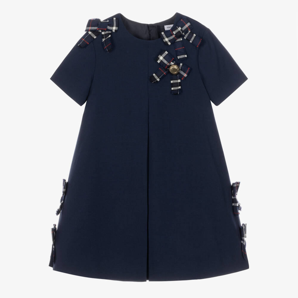 Dolce & Gabbana-Girls Navy Blue Wool Crepe Dress with Bows | Childrensalon